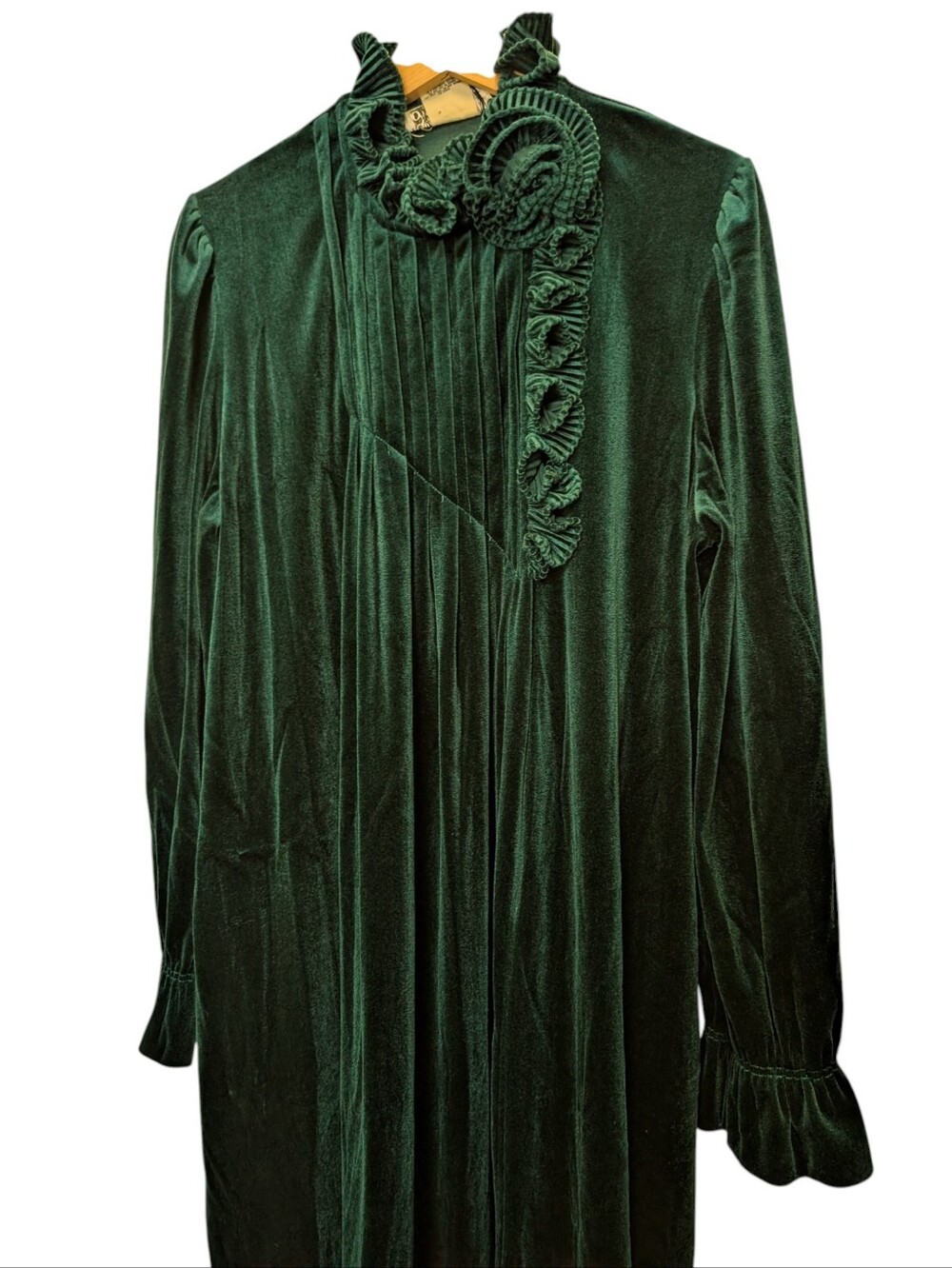 Vtg Donna Richard Gilligan & O’Malley Emerald Green Velvet Long Robe Ruffle Glam - Picture 1 of 7